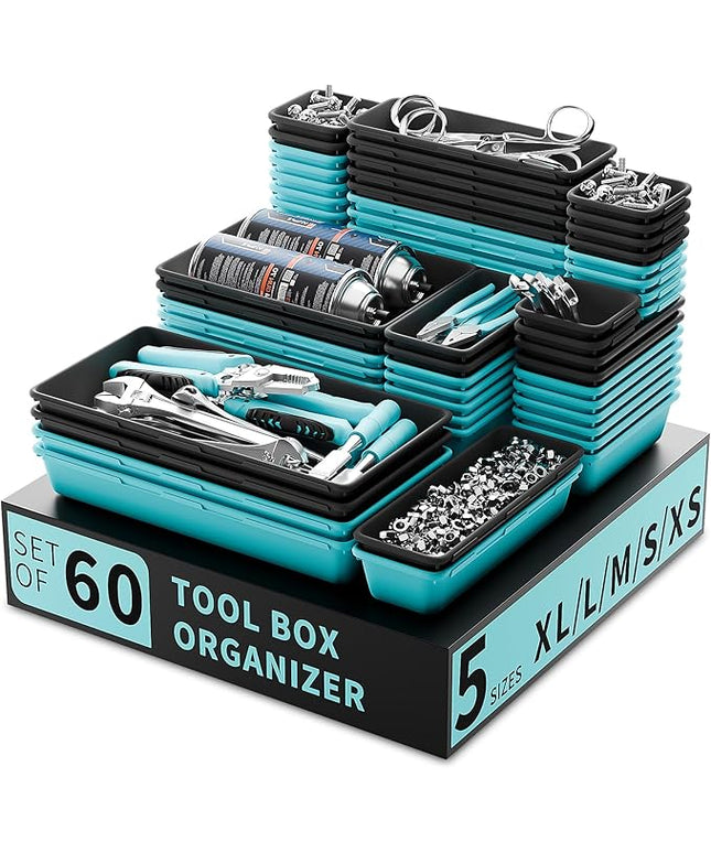 Tool Box Organizer Tray, Toolbox Desk Drawer Organizer, Tool Box Tray, Toolbox Organization Storage for Rolling Tool Chest (60PCS (Blue+Black))