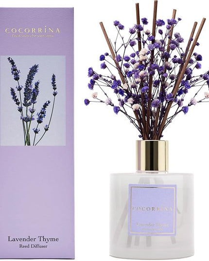 Cocorrína Premium Reed Diffuser Set with Preserved Baby's Breath & Cotton Stick Lavender Thyme | 6.7oz Scent Fragrance Lavender Oil Diffuser for Bedroom Bathroom Home Décor