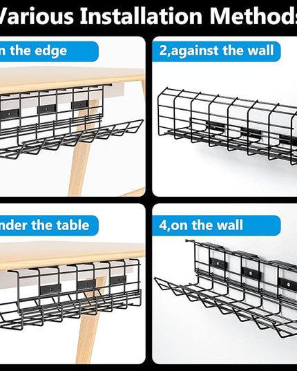 2 Pack DELAMU Under Desk Cable Management Tray, Metal Cord Cable Organizer for Desk, Easy Install Pre-drilled Wire Management Wire Organizer for Office & Home