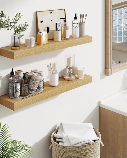 Fun Memories Floating Shelves 30 Inch, Wall Mounted Wood Shelf Set of 2, Farmhouse Decor for Bathroom, Bedroom, Kitchen, Living Room, Oak