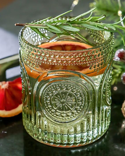 Kate Aspen Retro Arch Floral Green Drinking Glasses Set of 6-10 oz Vintage Beaded Glassware, Textured Water & Cocktail Cups, Holiday Drinkware, Christmas Gift Glass Set, Hostess or Holiday Gift