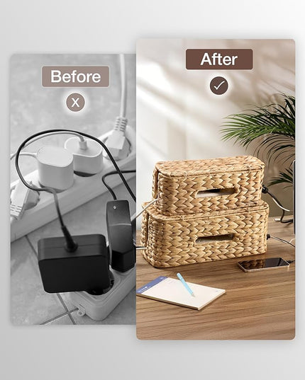 TIDITA Set of 2 Wicker Large Cable Management Box - Cord Box Hider for Home, Office - Water Hyacinth Cable Hider Box, Surge Protector Box for TV Wires, Computer - Power Strip Box - 3 Slots, Secure Lid