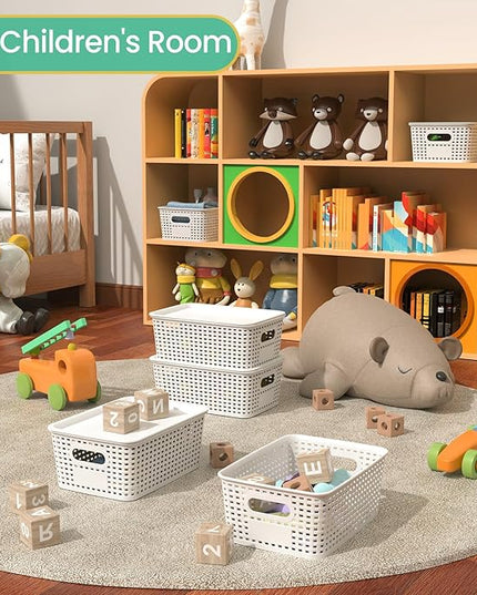 Plastic Storage Baskets with Lid - Plastic Storage Containers Stackable Storage bins: Storage Baskets for Organizing Shelves Drawers Desktop Closet Playroom Classroom Office, 8 Pack-White