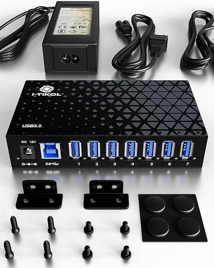 7 Port USB 3.0 Hub - Powered USB Hub –Multiple USB Splitter with Built-in 12V/3A/36W Power Adapter - Up to 5Gbps Sync & High-Speed Data Transfer - Mounting Brackets for Phone MB Laptop Tablet PC