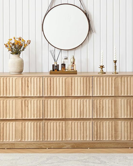 Fluted 9 Drawer Dresser for Bedroom, 60" Wide Modern Chest of Storage Drawers, Wood Dresser & Chest of Drawers with Curved Corners, Dressers TV Stand for Living Room (60" Natural 9 Drawer)