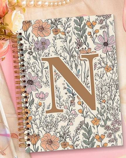 JXREQ Vintage Boho Floral Personalized Notebook, Initial Letter N Notebook Journal, Monogram Notebook, Monogrammed Gifts for Women, Boho Office Supplies, Flower Spiral Notebook 5.5x8.3