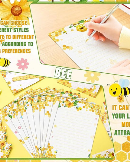 TaoBary 160 Pcs Stationery Paper Set 50 Double Sided Stationery Papers with 50 Matching Envelopes and 60 Round Dot Sticker, 10 Design(Bee,8.25 x5.5 Inch)