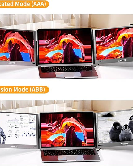 Arvitek 15.6 Inch Triple Monitor for Laptop, 1080P USB-C Portable Screen Extender w/Adjustable Stand for 11"-16" Laptop(Mac, Windows, Android)