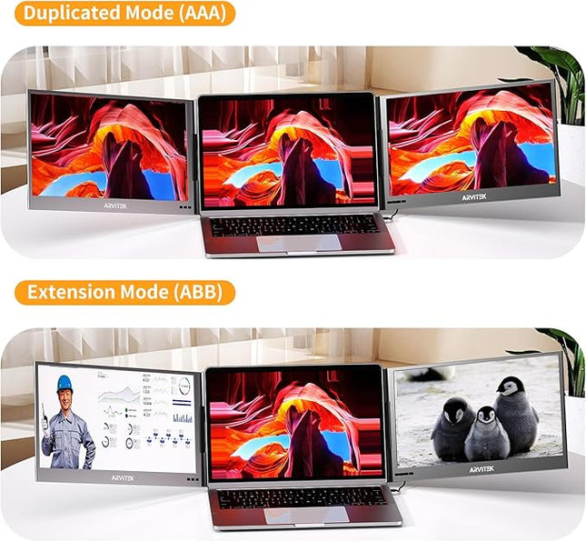 Arvitek 15.6 Inch Triple Monitor for Laptop, 1080P USB-C Portable Screen Extender w/Adjustable Stand for 11"-16" Laptop(Mac, Windows, Android)