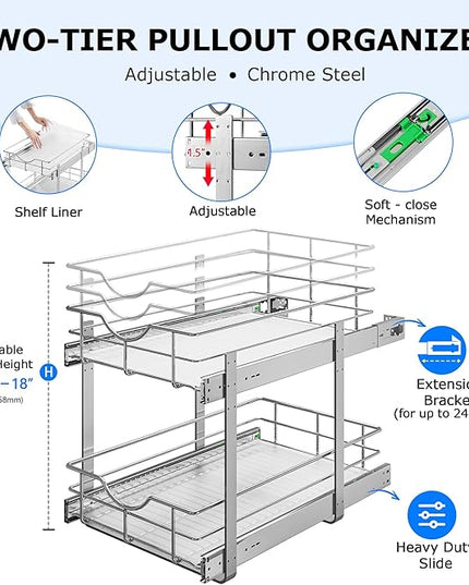 WelFurGeer 2-Tier Kitchen Cabinet Pullout Shelf and Drawer Organizer, Soft Close Pantry Pull Out Shelves, Heavy Duty Pull Out Cabinet Organizer with Shelf Liner for Kitchen Cabinets, Pantry Storage