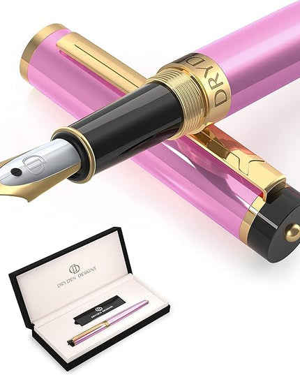 Dryden Designs Fountain Pen. Medium Nib Premium Box | 6 Ink Cartridges Included (Luscious Pink)