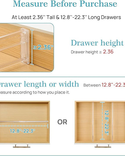 Vtopmart 2.36” Drawer Dividers with Expandable Inserts, 12.8"-22.3" Adjustable Kitchen Drawer Organizer, Clear Plastic Organizer Separator for Flatware, Utensil, Cutlery, 4 Dividers with 6 Inserts