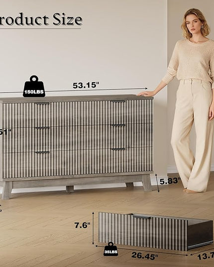 BORNOON 53" Long Dresser for Bedroom, 6-Drawer Dresser with Fluted Fronts, Wide Wood Chest of Drawers, Smooth Metal Slides, Stable Base, Modern Clothes Storage Cabinet for Living Room, Hallway