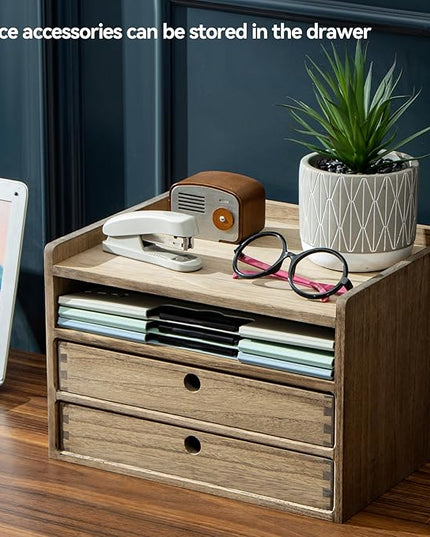KIRIGEN Desktop Organizer Cabinet With 2 Drawers & Tray - Wood Office Desk Storage Shelf for Office Supplies - Small Cabinet for Countertop Accessories Storage 3 Layer Dark Brown（DT3D2C-DBR）