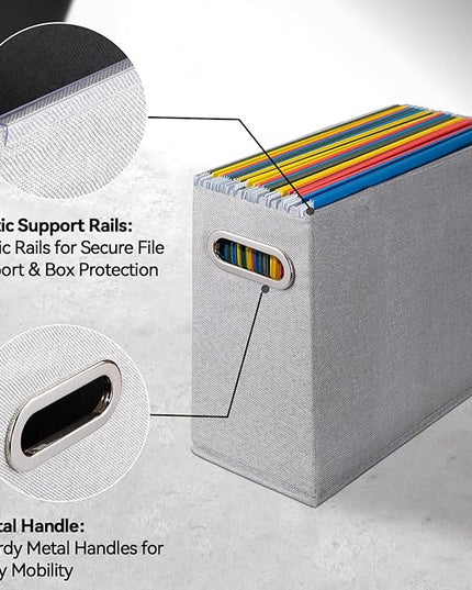 4 Pack Letter Size File Storage Box Collapsible, Fabric Hanging File Folders Organizer, Portable Office Document Holder with Metal Handle, Smooth PVC Rails, Light Gray