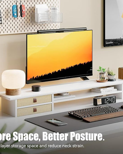 Dual‑Tier Monitor Stand Riser with Drawers, Desktop Organizer Shelf Storage for Computer Screen 2 Monitors, Supports for PC Computer Monitor, Printer, Heavy TV Riser White