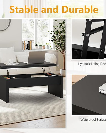 Small Lift Top Coffee Table, Wood Rectangle Coffee Table with Lifting Top and Hidden Storage Compartment, Modern Mid Century Center Tables for Small Space, Living Room, Office-Black
