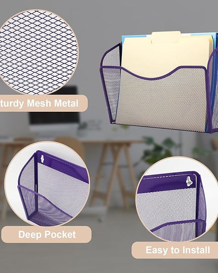 EASEPRES 3 Single Pocket Mesh Hanging File Organizer, Vertical Wall Mounted Magazine File Holder, Mount Basket Mail Paper Document Folder Organizing for Office, Home and School, Purple