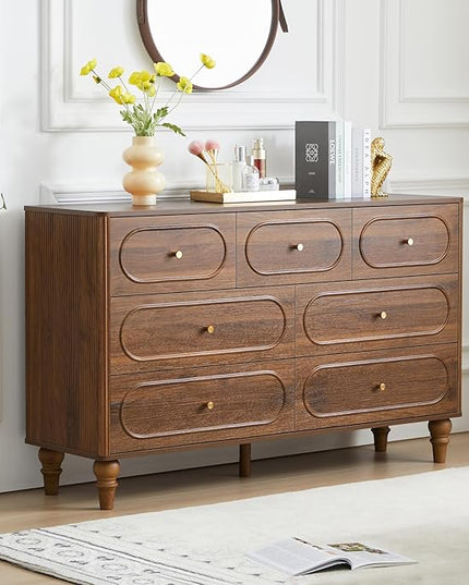 ORRD Fluted 7 Drawer Dresser for Bedroom, Modern Mid Century Chest of Drawers, Wood Storage Large Dresser Organizer for Bedroom Living Room Closet Hallway, Walnut