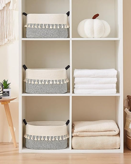 Storage Bins Woven Baskets for Storage Set of 3, Cotton Rope Basket with Handles for Toys/Shelves/Laundry, Rectangle Multi-Purpose Organizer for Living Room, Bedroom, Nursery (White/Black)