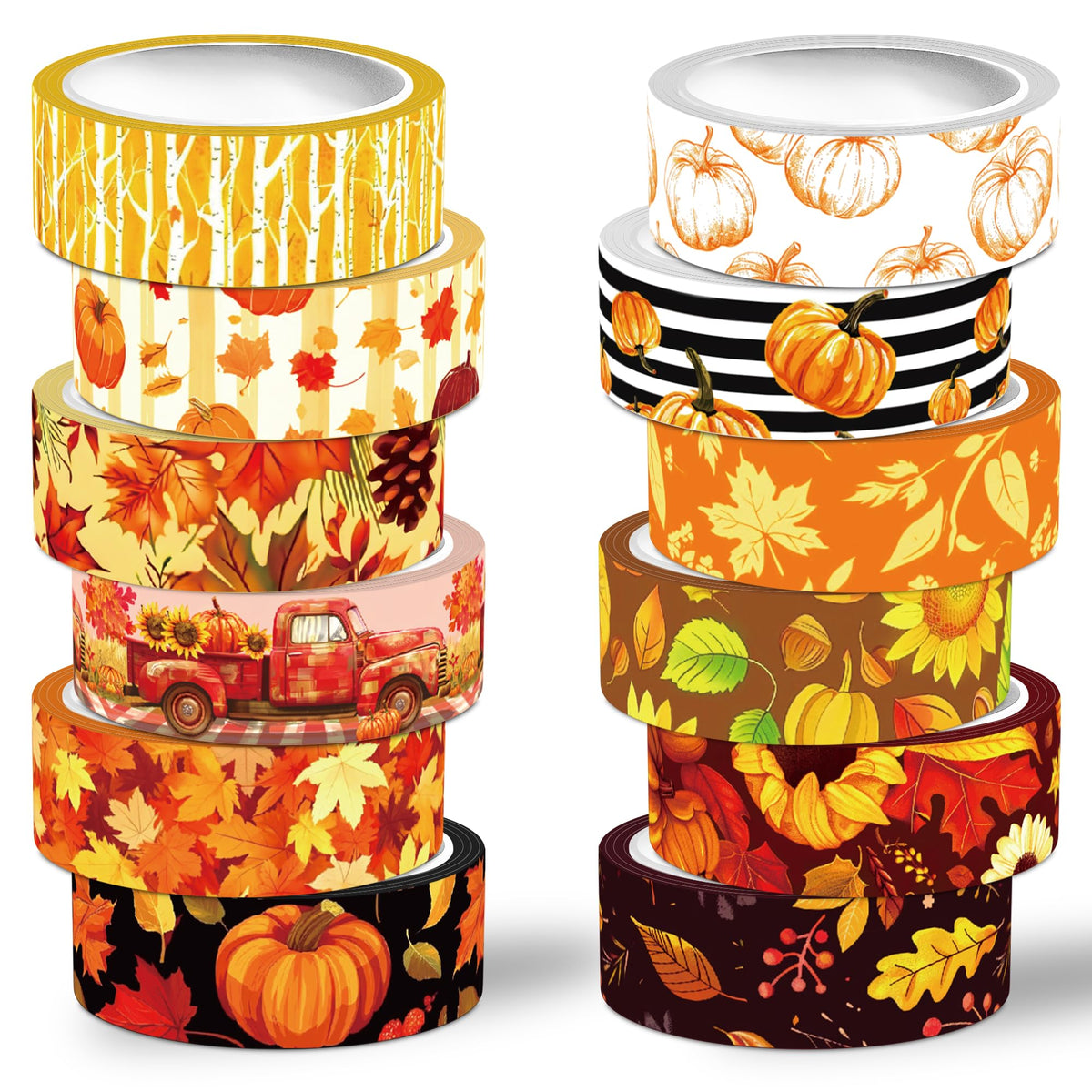 NIKOMIE Fall Washi Tape Set,12 Rolls Autumn Leaves Decorative Tape Pumpkin Maple Leaves Gnome Sunflower Thanksgiving Masking Tape for Journaling Supplies, Junk Journal, Scrapbooking, DIY Arts & Crafts