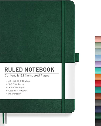 RETTACY Lined Journal Notebook, 192 Numbered Pages, A5 Medium Size (5.7'' x 8.3''), for Men & Women, Journaling, Writing, Work & Office, Leather Hardcover, 100 GSM Thick Paper (Dark Green)
