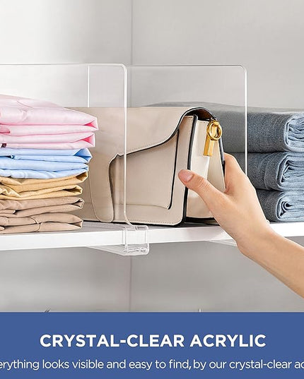 HBlife 1 Pack Clear Shelf Dividers, Vertical Purse Organizer for Closet Perfect for Sweater, Shirts, Handbags in Bedroom and Kitchen, Adjustable Acrylic Bookshelf for Organization
