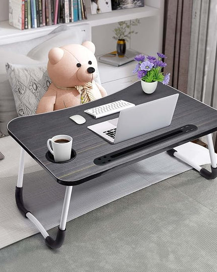 Slendor Lap Desk with Cup Holder, Foldable Laptop Table for Bed, Portable Bed Desk for Laptop and Writing, Computer Tray with Tablet Slot, Notebook Stand Reading Holder for Couch Sofa Floor,Black