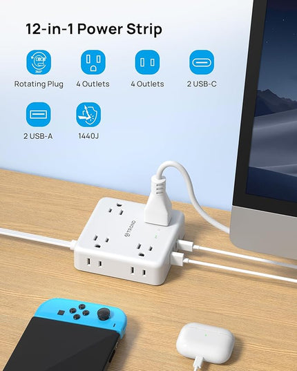 TROND 360° Rotating Plug Power Strip, 5FT Flat Extension Cord with Multiple Outlets 4 USB (2 USB C), Wall Mount Surge Protector 1440 Joules for Home Office Travel Dorm Room Essentials, White