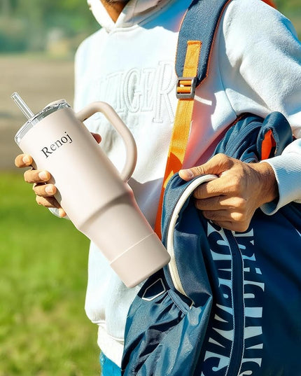 Renoj Tumbler with Handle 100% Spill Resistant Insulated Water Bottle for Iced Coffee & Hot Drinks - Fits Car Cup Holder, Ideal Gift, 2 Straws & Silicone Boot BPA-Free - FlexSlide White 40 oz