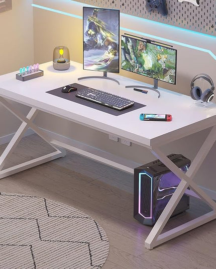 IBF White Computer Desk, Modern Home Office Desk for Writing Work Study, Simple Wooden Metal Pc Gaming Desk in Bedroom, Executive Laptop Workstation Computer Table, White Oak, 55 Inch