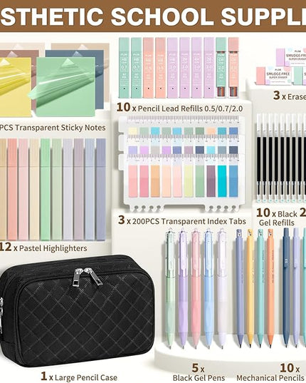 62PCS Aesthetic School Supplies with Cute Pencil Case, Pastel Highlighters Black Ink Gel Pens Mechanical Pencils Kit, Back to School Supplies College Essentials Preppy Stationary Set for Student Girls