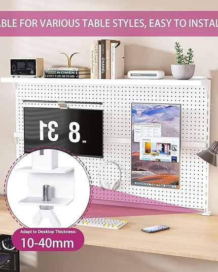 KEIKI Metal Pegboard Desk Organizer with Dual Monitor Stand, 59" x 35" Large Desk Peg Board with Hooks & Movable Panel, Office Organization and Storage Shelf for Gaming or Workstation Setup, White