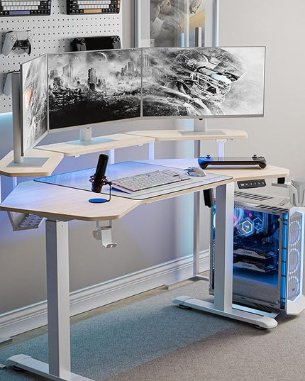 EUREKA ERGONOMIC Aero 55 Inch W Shaped Electric Standing Desk, Height Adjustable Computer Gaming Desk with LED Monitor Shelf, Mouse Pad, Headphone Hook, Cup Holder, Natural Maple