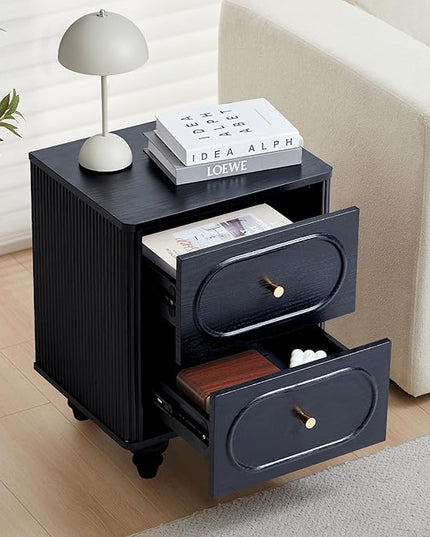 2 Drawer Fluted Mini Small Dresser for Bedroom Set of 2, Mid Century Modern Nightstand Bedside End Table, Wood Storage Dresser Organizer for Bedroom Living Room, Black