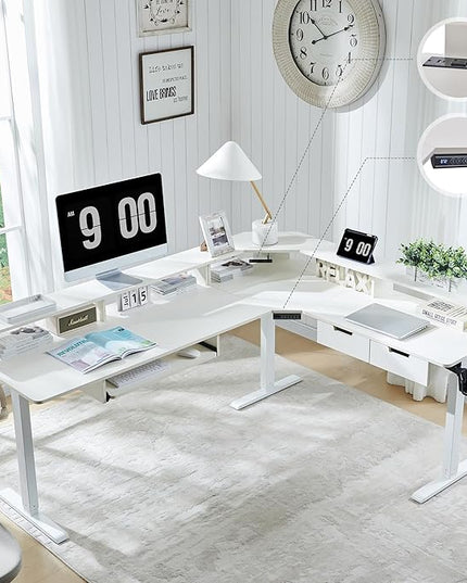 RedLemon 75X60 Inches L Shaped Electric Standing Desk, Height Adjustable Corner Gaming Desk with Drawers, Keyboard Tray, Power Outlets & LED Lights, Computer Desk with Monitor Shelf, Antique White