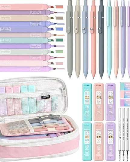 Nicpro 39 PCS Aesthetic School Supplies with Cute Pink Pencil Case, 12 Pastel Highlighters, 5 Quick Dry Black Ink Pens, 6 Mechanical Pencil 0.5 & 0.7 mm for Girls Student Stationary College Essentials