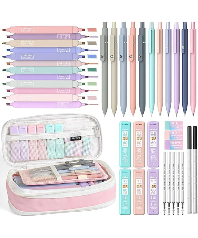 Nicpro 39 PCS Aesthetic School Supplies with Cute Pink Pencil Case, 12 Pastel Highlighters, 5 Quick Dry Black Ink Pens, 6 Mechanical Pencil 0.5 & 0.7 mm for Girls Student Stationary College Essentials