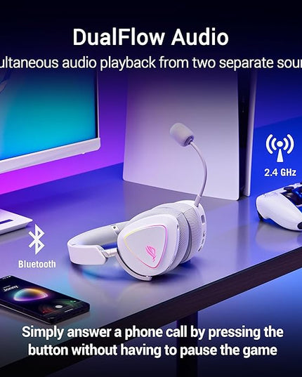 ASUS ROG Delta II Wireless Gaming Headset with Detachable Mic – Tri-Mode (BT, 2.4GHz, 3.5mm), 50mm Titanium-Plated Drivers, 110Hr Battery, Lightweight, for PC, PS5, PS4, Xbox, Switch, Mobile - White