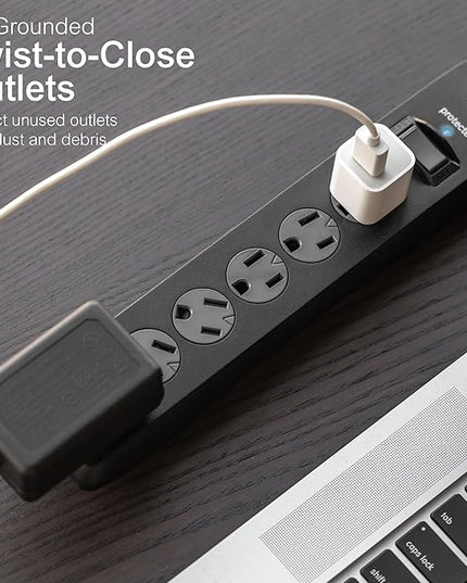 GE Surge Protector Power Strip, 15 Ft Extension Cord, 6 Outlet Extender, 800 Joules, Flat Plug, Twist-to-Close Safety Covers, ETL Listed, Black, 50767