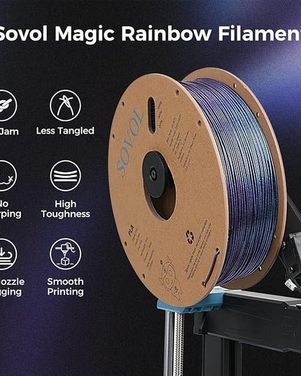 Sovol 3D Printer Silk Shiny Multicolored Fast Change Rainbow PLA 1kg (2.2 lbs) Spool 3D Printing Materials, Dimensional Accuracy +/- 0.03 mm, 1.75 mm, Glittery Dark Rainbow