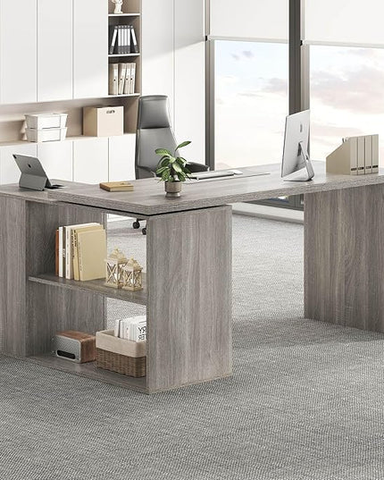 HSH 360° Rotating L Shaped Computer Desk with 3 Drawers and 2 Shelves, Home Office Swivel Desk for Work Writing Study Gaming, Reversible Wood Corner Desk with Storage Cabinet, Light Grey Oak, 55 Inch