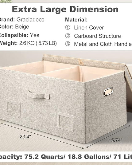 75 Quart Extra Large Decorative Collapsible Storage Bins with Lids, 1 Pack Beige Stackable Boxes