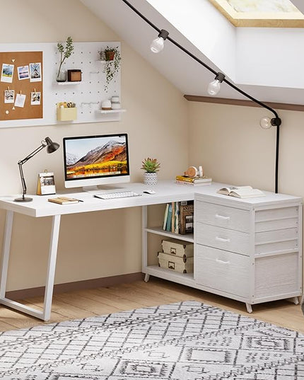 Tribesigns L-Shaped Computer Desk with 3 Drawers, Reversible Corner Home Office Desk with Shelves, 53-Inch Industrial PC Desk Study Writing Table Workstation for Small Space, White
