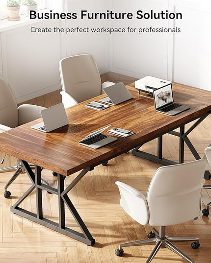 LITTLE TREE 70.8-Inch Office Desk, Wooden Executive Office Desk, Modern Work Desk, Large Farmhouse Writing Table Computer Desk for Home, Brown-Black