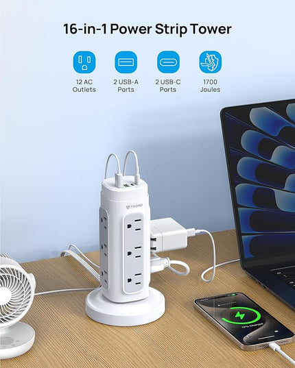 TROND Retractable Power Strip Tower - Surge Protector with USB C Ports PD 20W, 5ft Flat Plug Extension Cord with 12 Outlets, 4 USB, 1700J Protection, Home Office Desk Supplies, Dorm Room Essentials