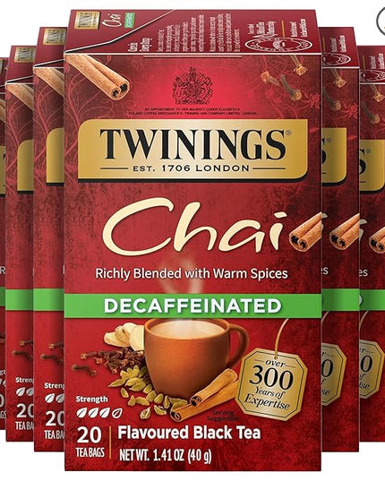Twinings Decaffeinated Chai Individually Wrapped Bags, 20 Count (Pack of 6), Sweet, Savoury Spices, Enjoy Hot or Iced, 120 Teabags