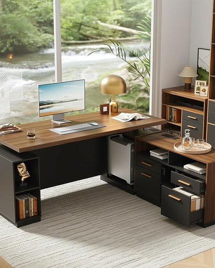71" Standing Desk with 2 File Cabinet, AC/USB, 1.18" Desktop, L Shaped Height Adjustable Desk, Electric Furniture Set with Multiple Functions for Home and Office, Black Walnut