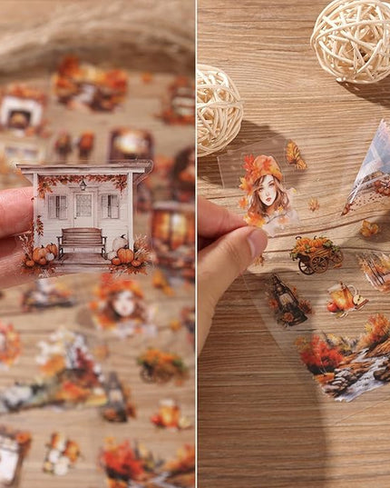 Auguro PET 20 Sheets 120 Pre-Cut Fall Stickers for Scrapbooking Landscape People Scrapbook Sticker Transparent Stickers for journaling