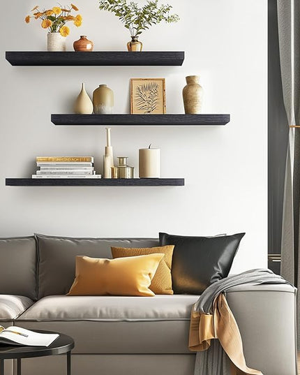 BAYKA Floating Shelves for Wall, 36 inches Long Wall Mounted Rustic Wood Shelves for Bathroom, Bedroom, Living Room, for Book/Storage/Decor with 30lbs Capacity - Black,Set of 3
